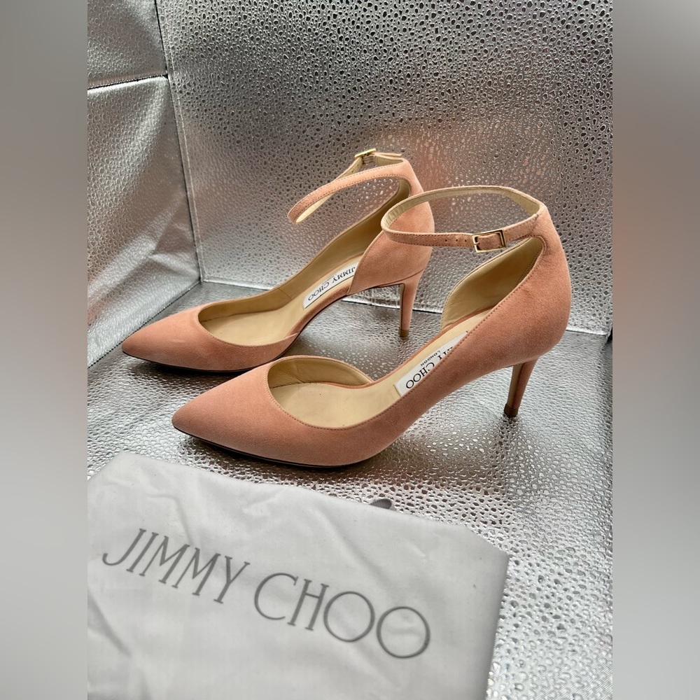Jimmy Choo Light Pink Suede Ankle Strap Work Short Low Heel Pumps 37